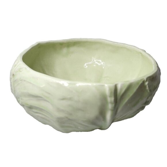 Vintage Cabbage Leaf Serving Bowl Green Ceramic Signed J Ramies Newburyport Mass